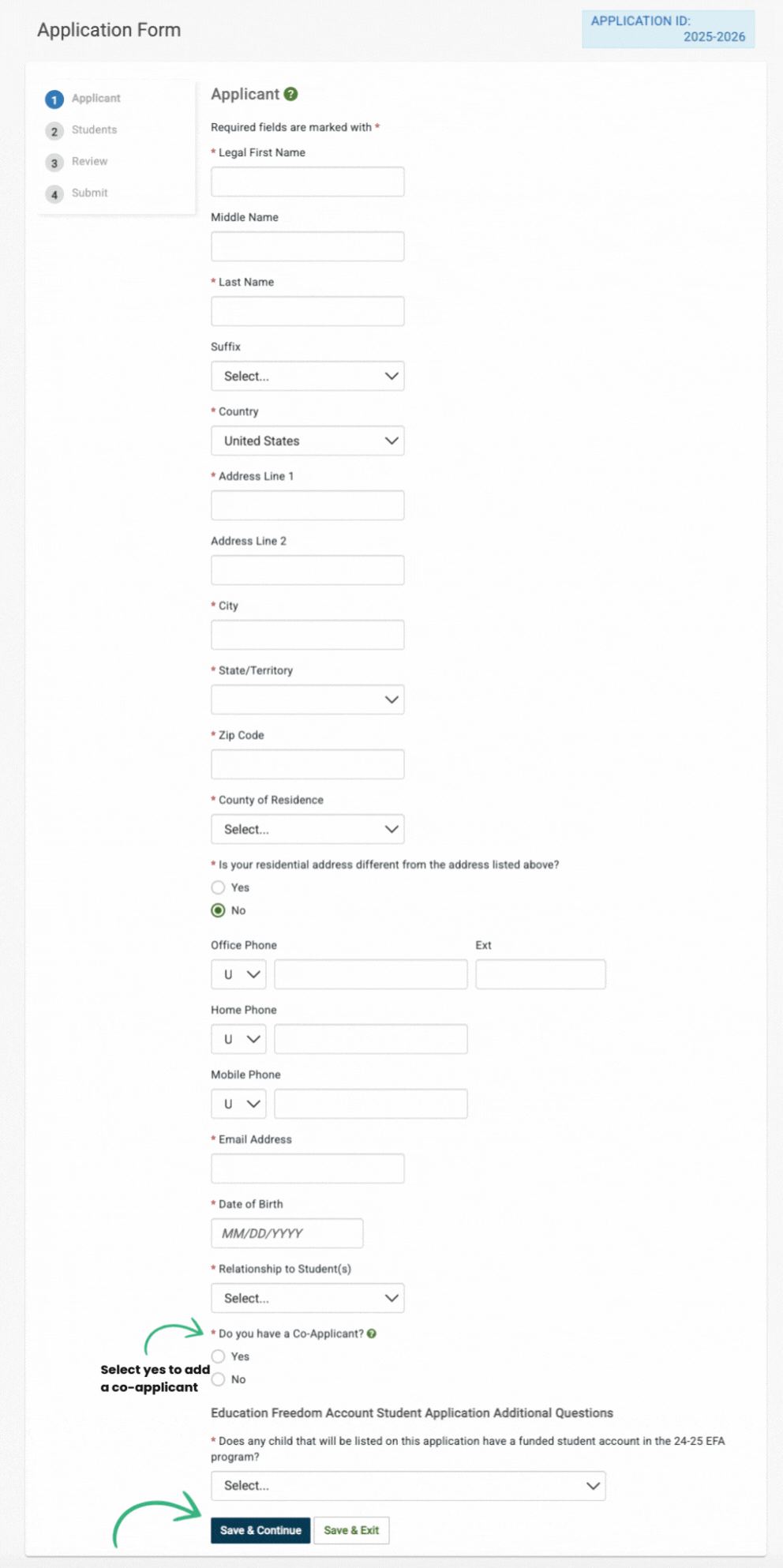 Select ye to add a co-applicant